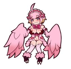 Rule 34 | 1girl, absurdres, ahoge, animal feet, bare shoulders, blush, breasts, commentary request, feathered wings, feathers, harpy, heart, highres, jubjub (monster girl encyclopedia), large breasts, looking at viewer, monster girl, monster girl encyclopedia, navel, nuggets (cokekock), pink feathers, pink hair, pink thighhighs, pink wings, red eyes, short hair, simple background, solo, talons, thighhighs, white background, winged arms, wings