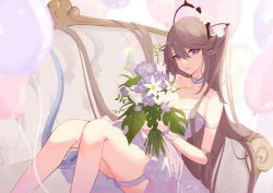 Rule 34 | 1girl, absurdres, alternate costume, aoi tooru, arknights, balloon, blue eyes, bouquet, breasts, brown hair, choker, cleavage, collarbone, couch, dress, feet out of frame, flower, gloves, highres, holding, holding bouquet, indigo (arknights), knees up, long hair, looking at viewer, medium breasts, on couch, parted lips, solo, tail, thigh strap, very long hair, white choker, white dress, white flower, white gloves