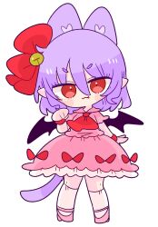 Rule 34 | 1girl, animal ears, ascot, bat wings, bell, bow, cat ears, cat girl, cat tail, fang, frilled skirt, frilled sleeves, frills, hair bow, highres, jingle bell, light purple hair, op na yarou, paw pose, pink footwear, pink shirt, pink skirt, puffy short sleeves, puffy sleeves, red ascot, red bow, red eyes, remilia scarlet, shirt, short sleeves, simple background, skirt, skirt set, slit pupils, solo, tail, touhou, white background, white skirt, wings, wrist cuffs
