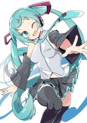 Rule 34 | 1girl, ;d, aqua eyes, aqua hair, aqua necktie, black skirt, black thighhighs, blush, breasts, detached sleeves, foreshortening, hatsune miku, long hair, looking at viewer, medium breasts, necktie, one eye closed, open mouth, pleated skirt, simple background, skirt, smile, solo, thighhighs, thighs, tottotonero, twintails, very long hair, vocaloid, white background, zettai ryouiki