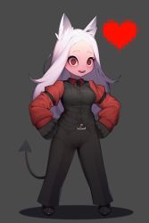 Rule 34 | 1girl, absurdres, animal ears, black footwear, black gloves, black vest, breasts, cerberus (helltaker), collared shirt, commentary, demon girl, demon tail, dog ears, dog girl, full body, gloves, grey background, heart, helltaker, highres, long hair, looking at viewer, medium breasts, necktie, open mouth, parted bangs, pixel heart, psj1226, red eyes, red shirt, shirt, simple background, smile, solo, standing, tail, teeth, upper teeth only, vest, waistcoat, white hair