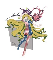 Rule 34 | 1girl, absurdres, american flag dress, american flag legwear, arm up, artist name, blonde hair, clownpiece, commentary request, dated, dress, full body, hat, highres, holding, holding torch, jester cap, long hair, neck ruff, no shoes, open mouth, pantyhose, polka dot headwear, purple hat, red eyes, shishi osamu, short sleeves, simple background, smile, solo, torch, touhou, twitter username, very long hair, white background