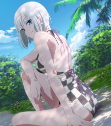 Rule 34 | 1girl, anime screenshot, ass, back, blue eyes, blue sky, breasts, dumbbell nan kilo moteru?, female focus, gina boyd, highres, looking at viewer, looking back, medium breasts, one-piece swimsuit, palm tree, screencap, short hair, sitting, sky, smile, solo, stitched, swimsuit, third-party edit, tree, white hair