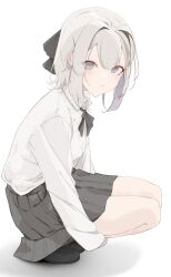 Rule 34 | 1girl, black footwear, black ribbon, collared shirt, commentary, english commentary, full body, grey eyes, grey hair, grey skirt, hair between eyes, hair intakes, hair ribbon, highres, hugging own legs, loafers, looking at viewer, mayogii, original, pleated skirt, ribbon, shadow, shirt, shoes, simple background, skirt, solo, squatting, white background, white shirt