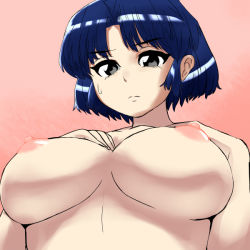 Rule 34 | 1girl, artist request, black eyes, blue hair, breasts, closed mouth, from below, gradient background, hands on own chest, large breasts, nipples, nude, pink background, ranma 1/2, short hair, simple background, solo, standing, sweatdrop, tendou akane, upper body