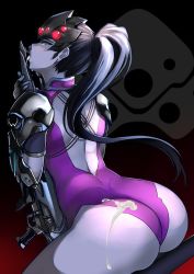 Rule 34 | 1girl, adapted costume, armor, ass, back, back cutout, backlighting, bad id, bad twitter id, bare back, black background, black hair, blush, bodysuit, clothing cutout, colored skin, cowboy shot, cum, cum on ass, cum on body, cum on clothes, cum on lower body, earrings, eyelashes, floating hair, from behind, from side, gloves, gradient background, gun, hair ornament, hair tie, half-closed eyes, head-mounted display, high ponytail, hip focus, holding, holding gun, holding weapon, jewelry, kaorihero, leaning forward, leotard, licking, licking weapon, logo, long hair, looking at viewer, looking back, naughty face, overwatch, overwatch 1, pauldrons, ponytail, profile, purple hair, purple leotard, purple skin, rifle, saliva, short sleeves, shoulder armor, shoulder blades, shoulder pads, sitting, sniper rifle, solo, stud earrings, thighs, thong, tongue, tongue out, turtleneck, vambraces, very long hair, visor, weapon, widowmaker (overwatch), yellow eyes