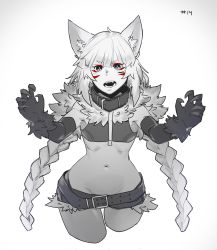 Rule 34 | 1girl, absurdres, animal ear fluff, animal ears, belt, black gloves, braid, claw pose, collar, commentary, cowboy shot, crop top, cropped legs, elbow gloves, facial mark, fangs, fur collar, gloves, greyscale, groin, highres, less, long braid, long hair, looking at viewer, micro shorts, midriff, monochrome, navel, open mouth, original, shorts, simple background, solo, spot color, twin braids, very long hair, whisker markings