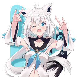 Rule 34 | 1girl, ;d, ahoge, animal ears, blue eyes, blue neckerchief, blush, braid, breasts, detached sleeves, double fox shadow puppet, ear piercing, earrings, fox ears, fox girl, fox shadow puppet, fox tail, front slit, hair between eyes, hololive, jewelry, long hair, looking at viewer, love 0610, low ponytail, medium breasts, navel, neckerchief, one eye closed, open mouth, piercing, shirakami fubuki, shirakami fubuki (1st costume), side braid, silver hair, single earring, smile, solo, strapless, tail, upper body, virtual youtuber, white sleeves, wide sleeves