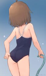 Rule 34 | 1girl, adjusting clothes, adjusting swimsuit, ahoge, artist name, ass, back, blue background, breasts, brown hair, centi mnkt, cowboy shot, gradient background, highres, holding, holding hose, hose, blue background, new school swimsuit, one-piece swimsuit, original, school swimsuit, short hair, simple background, small breasts, standing, swimsuit, twitter username, water drop