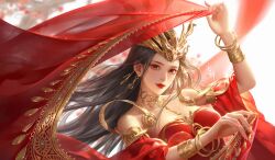 Rule 34 | 1girl, absurdres, bare shoulders, bracelet, cai lin (doupo cangqiong), closed mouth, collar, doupo cangqiong, dress, earrings, fan xiu fx, hagoromo, hair ornament, highres, holding cloth, jewelry, long hair, looking at viewer, metal collar, orange eyes, red background, red dress, second-party source, shawl, smile, solo