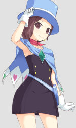 Rule 34 | 1girl, ace attorney, apollo justice: ace attorney, armpits, black dress, blue hat, brooch, brown hair, cape, dress, earrings, fanny pack, gloves, hat, jewelry, kuro (be ok), looking at viewer, magician, red scarf, scarf, short dress, short hair, single earring, smile, solo, strapless, strapless dress, top hat, trucy wright, tube dress, white gloves