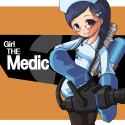 Rule 34 | 1girl, blu medic (tf2), blue eyes, blue hair, genderswap, genderswap (mtf), glasses, gloves, gun, matching hair/eyes, medic (tf2), mr kunimitsu, nurse, solo, team fortress 2, weapon