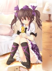 Rule 34 | 1girl, bad id, bad pixiv id, bed, bedroom, brown eyes, brown hair, cellphone, checkered clothes, checkered skirt, efe, feet, female focus, hair ribbon, hat, himekaidou hatate, indoors, kneehighs, lace, lace-trimmed skirt, lace trim, leg ribbon, miniskirt, phone, pillow, purple skirt, red eyes, ribbon, shirt, sitting, skirt, socks, solo, tokin hat, touhou, twintails