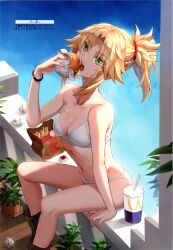 Rule 34 | 1girl, absurdres, ankle boots, arm support, bag, bare shoulders, blonde hair, blush, boots, bra, bracelet, braid, breasts, burger, cleavage, collarbone, cup, day, disposable cup, drinking straw, eating, fate/apocrypha, fate/grand order, fate (series), food, french fries, green eyes, hair ornament, hair scrunchie, highres, holding, holding food, jewelry, looking at viewer, mordred (fate), mordred (fate/apocrypha), navel, open mouth, outdoors, panties, paper bag, plant, ponytail, scan, scrunchie, simple background, sitting, small breasts, solo, stomach, tonee, underwear, white bra, white panties