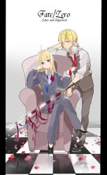 Rule 34 | 1boy, 1girl, ahoge, artoria pendragon (all), artoria pendragon (fate), bad id, bad pixiv id, blonde hair, blue eyes, chair, checkered floor, corsage, couch, fate/zero, fate (series), floor, formal, gilgamesh (fate), highres, kurohal, long hair, necktie, necktie grab, neckwear grab, pant suit, pants, petals, pillarboxed, ponytail, red eyes, ribbon, saber (fate), suit, sword, weapon