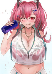 Rule 34 | 1girl, ;q, azur lane, bare shoulders, blouse, blue background, blush, bottle, bra, bra visible through clothes, breasts, bremerton (azur lane), bremerton (scorching-hot training) (azur lane), cleavage, collarbone, collared shirt, commentary request, cowboy shot, crop top, crop top overhang, crossed bangs, gradient background, green skirt, grey hair, groin, hair between eyes, hair intakes, hair ornament, hairclip, hand up, heart, heart necklace, highres, holding, holding bottle, jewelry, large breasts, long hair, looking at viewer, midriff, mole, mole under eye, multicolored hair, navel, necklace, official alternate costume, one eye closed, pink bra, pink eyes, pink hair, sai-go, see-through, see-through shirt, shirt, sidelocks, simple background, skirt, sleeveless, sleeveless shirt, smile, solo, sportswear, standing, streaked hair, sweat, tennis uniform, tongue, tongue out, twintails, two-tone hair, two-tone shirt, two-tone skirt, underwear, water bottle, wet, wet clothes, wet shirt, white background, white shirt, white skirt, x hair ornament