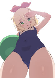 Rule 34 | 1girl, absurdres, armpits, ball, beachball, blonde hair, blue one-piece swimsuit, blush stickers, commentary request, covered navel, crotch, from below, green eyes, hairband, highres, idolmaster, idolmaster cinderella girls, kyou (kyo u), looking at viewer, looking down, name tag, old school swimsuit, one-piece swimsuit, sakurai momoka, school swimsuit, solo, swimsuit, thighs, wavy hair, white background