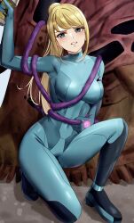 Rule 34 | 1girl, absurdres, amayo thranana, blonde hair, blue bodysuit, bodysuit, breasts, clenched teeth, covered navel, full body, green eyes, high ponytail, highres, holding, large breasts, long hair, looking at viewer, metroid, mole, mole under mouth, nintendo, on one knee, samus aran, skin tight, solo, teeth, tentacles, v-shaped eyebrows, very long hair, zero suit