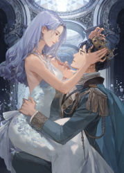Rule 34 | 1boy, 1girl, aiguillette, arch, bare arms, bare shoulders, black hair, blue cape, blue gemstone, blue hair, blue jacket, branch, breasts, building, cape, ceiling, cocktail dress, copyright request, couple, cover, cover page, crown, dress, epaulettes, eye contact, eyelashes, feet out of frame, floral print, flower, from side, gem, grey hair, hair behind ear, halter dress, halterneck, hand on another&#039;s arm, hand on another&#039;s hip, hands up, hetero, highres, jacket, knee up, korean commentary, light particles, long dress, long hair, long sleeves, looking at another, novel cover, pillar, profile, purple eyes, purple hair, putting on headwear, short hair, sideboob, sitting, sitting on lap, sitting on person, sleeveless, sleeveless dress, smile, white dress, yokan (cxsp4773)