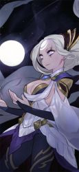 Rule 34 | 1girl, alternate costume, blue eyes, breasts, bridal gauntlets, cleavage, colored skin, diana (league of legends), facial mark, glowing, grey skin, gwayo, highres, league of legends, long hair, pants, shirt, silver hair, smile, solo, white shirt