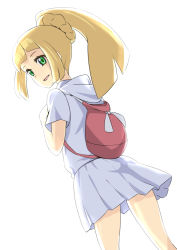 Rule 34 | 1girl, :d, alternate costume, alternate hairstyle, backpack, bag, blonde hair, blunt bangs, braid, creatures (company), dutch angle, french braid, from behind, game freak, green eyes, high ponytail, hood, hoodie, jack-barro, lillie (pokemon), long hair, looking back, miniskirt, nintendo, open mouth, pleated skirt, pokemon, pokemon sm, ponytail, shirt, short sleeves, simple background, skirt, smile, solo, spoilers, twin braids, white background, white shirt, white skirt