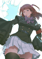 Rule 34 | 1girl, armband, black thighhighs, blue eyes, broken mirror, closed mouth, collared shirt, glass, hair ornament, highres, jacket, long sleeves, looking at viewer, looking down, medium hair, mirror, neck ribbon, neckwear request, noriuma, pleated skirt, red hair, ribbon, serious, shirt, short twintails, simple background, skirt, solo, standing, thighhighs, twintails, umineko no naku koro ni, ushiromiya ange, white background, white shirt