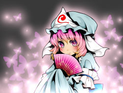 Rule 34 | 1girl, blush, bug, butterfly, female focus, gradient background, gradient hair, hand fan, hands in opposite sleeves, hat, insect, japanese clothes, long sleeves, momo michi, multicolored hair, pink eyes, saigyouji yuyuko, smile, solo, sparkle, touhou, triangular headpiece, upper body, wisp