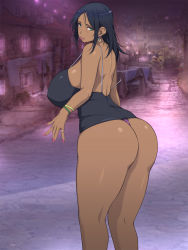 Rule 34 | 1girl, arms at sides, ass, bare legs, bare shoulders, black hair, blue eyes, blurry, blurry background, breasts, closed mouth, dark-skinned female, dark skin, dress, earrings, feet out of frame, female focus, highres, huge ass, huge breasts, jewelry, legs, long hair, looking at viewer, looking back, lots of jewelry, nail polish, original, outdoors, panties, revealing clothes, road, sideboob, solo, standing, street, table, thighs, underwear, yoko juusuke