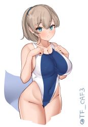 Rule 34 | 1girl, absurdres, blue eyes, blue one-piece swimsuit, blush, breasts, brown hair, collarbone, competition swimsuit, covered navel, cowboy shot, hair between eyes, high side ponytail, highleg, highleg swimsuit, highres, intrepid (kancolle), kantai collection, large breasts, looking at viewer, multicolored clothes, multicolored swimsuit, one-piece swimsuit, ponytail, short hair, solo, swimsuit, tf cafe, twitter username, two-tone swimsuit, white background, white one-piece swimsuit