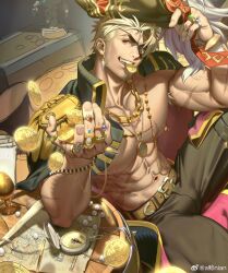 Rule 34 | 1boy, abs, absurdres, bara, bara pirate, bare pectorals, beard, blonde hair, bulge, chiizu namasu, coat, coat on shoulders, coin, eyepatch, facial hair, feet out of frame, from above, gold coin, hat, highres, large pectorals, male focus, mature male, mouth hold, muscular, muscular male, navel, nipples, original, pants, pectorals, pirate, pirate hat, red eyes, rich, scar, scar on chest, short hair, smile, thick eyebrows, throwing money, veins, veiny arms