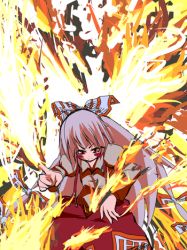 Rule 34 | &gt;:d, 1girl, :d, blush stickers, bow, clenched teeth, collared shirt, female focus, fire, fire, fujiwara no mokou, grey shirt, hat, hat bow, long hair, long sleeves, looking at viewer, lowres, open mouth, orange eyes, pants, shirt, silver hair, smile, solo, suspenders, teeth, touhou, v-shaped eyebrows, very long hair