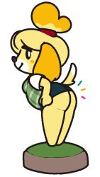 Rule 34 | 1girl, animal crossing, animal ears, animal nose, ass, barefoot, black eyes, blonde hair, blue skirt, blush, blush stickers, body fur, breasts, closed mouth, dog ears, dog girl, dog tail, female focus, flat color, from side, full body, furry, furry female, green vest, hair tie, happy, isabelle (animal crossing), jaggy lines, leaning forward, legs together, looking at viewer, microskirt, nintendo, notice lines, pencil skirt, plaid, plaid vest, profile, shirt, short hair, short sleeves, skirt, small breasts, smile, solo, standing, tail, topknot, two-tone fur, vest, vilepluff, white fur, white shirt, yellow fur