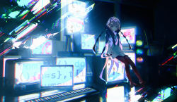 Rule 34 | 1girl, absurdres, blue eyes, boots, braid, capelet, chromatic aberration, commentary request, dress, full body, highres, hood, hood up, hooded capelet, huge filesize, instrument, kaf (kamitsubaki studio), kamitsubaki studio, keyboard (instrument), looking at viewer, monitor, multicolored eyes, pantyhose, pink hair, see-through, shiomi (lowrise), side braid, single braid, sitting, solo, speaker, television, virtual youtuber