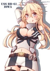 Rule 34 | 10s, 1girl, bad id, bad pixiv id, blonde hair, blush, breasts, cleavage, cowboy shot, fingerless gloves, garter straps, gloves, grey eyes, highres, iowa (kancolle), kantai collection, kapatarou, large breasts, long hair, looking at viewer, midriff, miniskirt, navel, panties, pantyshot, skirt, smile, solo, thighhighs, tongue, tongue out, underwear