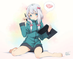Rule 34 | 10s, 1girl, barefoot, blue eyes, blush, bow, bow panties, commentary request, dated, drawing tablet, eromanga sensei, feet, full body, green jacket, hair bow, hair over shoulder, holding, izumi sagiri, jacket, long hair, looking at viewer, no pants, panties, pink bow, pink panties, polka dot, polka dot panties, see-through, silver hair, sitting, smile, solo, stylus, thought bubble, underwear, wariza, yoshino ryou