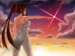 Rule 34 | 1girl, ahoge, ass, back, brown eyes, brown hair, cloud, dress, frills, from side, khnchak, lens flare, long hair, original, pointing, ponytail, see-through silhouette, sky, smile, solo, strap gap, sunset, very long hair, white dress
