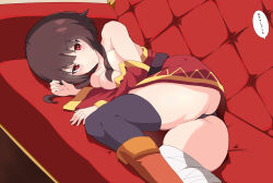 Rule 34 | 1girl, angry, ass, asymmetrical legwear, bandaged leg, bandages, black hair, black panties, black thighhighs, blush, breasts, breasts squeezed together, brown footwear, collarbone, commentary request, couch, dress, frown, highres, kono subarashii sekai ni shukufuku wo!, kurusux, long sleeves, lying, medium breasts, megumin, mismatched legwear, off shoulder, on couch, on side, panties, panty peek, red dress, red eyes, short dress, short hair with long locks, solo, speech bubble, thighhighs, underwear, v-shaped eyebrows, wide sleeves