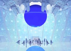 Rule 34 | ambiguous gender, arms up, ball, blue theme, commentary request, crowd, hands up, highres, hood, hood up, indoors, kneeling, kumomachi, machinery, orb, original, own hands together, people, praying, reflection, robe, science fiction, standing, very wide shot