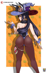 Rule 34 | 1girl, absurdres, adapted costume, animal ear headwear, animal ears, artist logo, ass, black hair, blue leotard, border, brown pantyhose, carrot, earrings, fake animal ears, fake tail, floating hair, from behind, fur collar, genshin impact, gold trim, green eyes, hand up, hat, highres, jewelry, kyoffie, leotard, long hair, looking at viewer, looking back, mona (genshin impact), nontraditional playboy bunny, open mouth, pantyhose, playboy bunny, rabbit ears, rabbit tail, shadow, solo, tail, thighlet, twintails, white border, witch hat, wrist cuffs