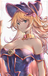 Rule 34 | 1girl, absurdres, aqua eyes, bare shoulders, blonde hair, breasts, capelet, cleavage, closed mouth, collar, collarbone, commentary request, dark magician girl, duel monster, hand up, hat, highres, large breasts, lips, long hair, looking at viewer, nakagawa kanon (pixiv32798535), pentagram, simple background, solo, upper body, wizard hat, yu-gi-oh!