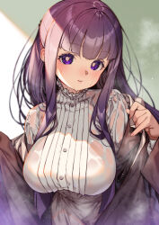 Rule 34 | 1girl, black robe, breasts, dress, fern (sousou no frieren), highres, kink (tortoiseshell), large breasts, lips, long hair, long sleeves, looking at viewer, parted lips, purple eyes, purple hair, robe, solo, sousou no frieren, steaming body, wet, wet clothes, wet dress, white dress