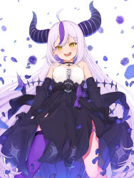 Rule 34 | 1girl, :d, adapted costume, ahoge, bare shoulders, belt, black choker, black gloves, black horns, braid, braided bangs, camisole, choker, demon girl, demon horns, determined, elbow gloves, gloves, grey hair, hair between eyes, halterneck, high-waist skirt, highres, hololive, horns, la+ darknesss, long hair, looking at viewer, multicolored hair, open mouth, piisu, pointy ears, purple hair, purple horns, purple thighhighs, side slit, single thighhigh, skirt, skirt hold, slit pupils, smile, solo, spaghetti strap, streaked hair, striped horns, thighhighs, v-shaped eyebrows, very long hair, virtual youtuber, yellow eyes