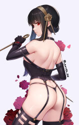 Rule 34 | 1girl, ass, black corset, black gloves, black hair, black thighhighs, breasts, closed mouth, corset, dagger, dual wielding, elbow gloves, flower, from behind, gloves, gold hairband, hair ornament, hairband, holding, holding dagger, holding knife, holding weapon, jurrig, knife, large breasts, looking at viewer, looking back, red eyes, rose, solo, spy x family, thighhighs, thong, weapon, yor briar