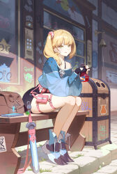 Rule 34 | 1girl, baggy clothes, belt, bench, blonde hair, blue shirt, collarbone, fingerless gloves, full body, gloves, green hair, hair over shoulder, highres, leaning forward, light blush, long hair, long sleeves, looking at viewer, off-shoulder shirt, off shoulder, original, pink belt, pouch, shirt, shop, short shorts, shorts, side ponytail, sitting, smile, solo, sword, thigh pouch, timbougami, tongue, tongue out, trash can, weapon