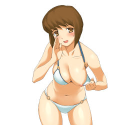 Rule 34 | 00s, 1girl, a1 (initial-g), bikini, bikini pull, blush, breast slip, breasts, brown eyes, brown hair, clothes pull, hagiwara yukiho, highres, idolmaster, idolmaster xenoglossia, large breasts, leaning forward, navel, nipples, one breast out, open mouth, pulling own clothes, short hair, solo, sweat, swimsuit, white bikini