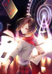 Rule 34 | 1boy, absurdres, androgynous, blonde hair, brown hair, card, child, clock over orquesta, ferris wheel, four of hearts, highres, looking at viewer, looking back, male focus, mitk game, multicolored hair, playing card, red eyes, sakurakoji nika, scarf, short hair, six of spades, solo, three of diamonds