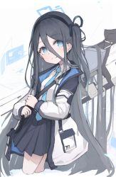 Rule 34 | 1girl, absurdly long hair, aris (blue archive), black hair, black hairband, blue archive, blue eyes, blue necktie, bright pupils, collared shirt, hair between eyes, hairband, halo, highres, jacket, long hair, long sleeves, looking at viewer, matchadzuke, multicolored clothes, multicolored jacket, necktie, one side up, open clothes, pleated skirt, railgun, shirt, skirt, sleeve cuffs, solo, tie clip, very long hair, weapon, weapon on back, white pupils, white shirt