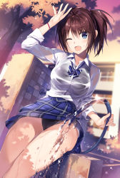 Rule 34 | blouse, blue eyes, brown hair, fountain, necktie, one eye closed, open mouth, pleated skirt, school, school uniform, shirt, skirt, sleeves rolled up, solo, striped necktie, swimsuit, swimsuit under clothes, tooth, tree, upskirt, water, wet, wet clothes, white shirt