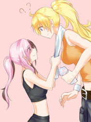 Rule 34 | 2girls, ?, ahoge, bare arms, belt, belt buckle, black tank top, blonde hair, bottle, breasts, brown hair, buckle, closed mouth, cowboy shot, eye contact, eyes visible through hair, facing another, from side, hands up, height difference, high ponytail, highres, holding, holding towel, large breasts, leaning forward, long hair, looking at another, looking down, looking up, midriff, multicolored hair, multiple girls, neo politan, orange tank top, pink background, pink hair, ponytail, purple eyes, rwby, size difference, sketch, smile, standing, sweat, sweatdrop, tall, tank top, tl (xdd), towel, towel around neck, two-tone hair, water bottle, yang xiao long, yuri