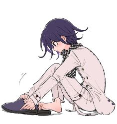 Rule 34 | 1boy, barefoot, checkered clothes, checkered scarf, danganronpa (series), danganronpa v3: killing harmony, from side, full body, looking down, motion lines, oma kokichi, pants, purple eyes, purple footwear, purple hair, putting on shoes, scarf, short hair, sitting, solo, straitjacket, thigh strap, white background, white pants, xiao (grsnss25)